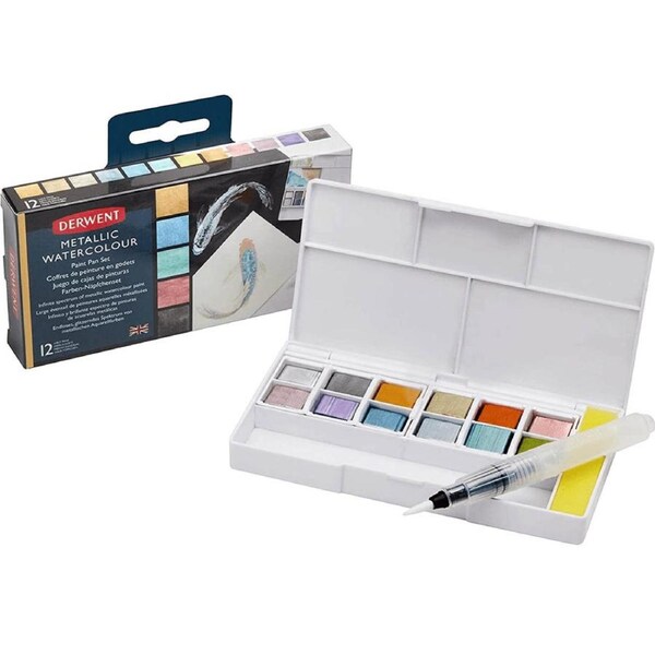 Derwent Metallic Watercolour Paint Pan Assorted Colours Set 12 + Waterbrush