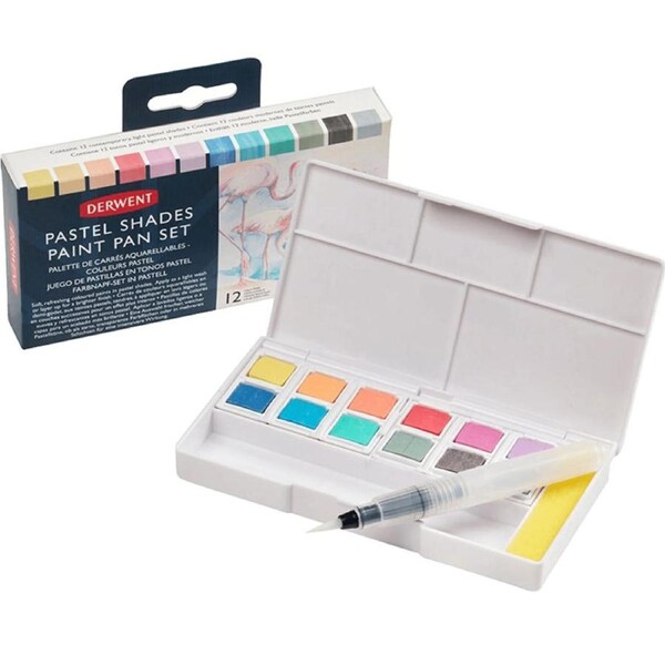 Derwent Pastel Paint Pan Assorted Colours Set 12 + Waterbrush Watercolour Painting