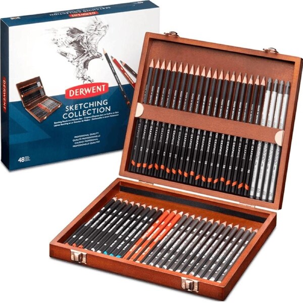 Derwent Sketching Pencils With Wooden Box Pack 48 Set