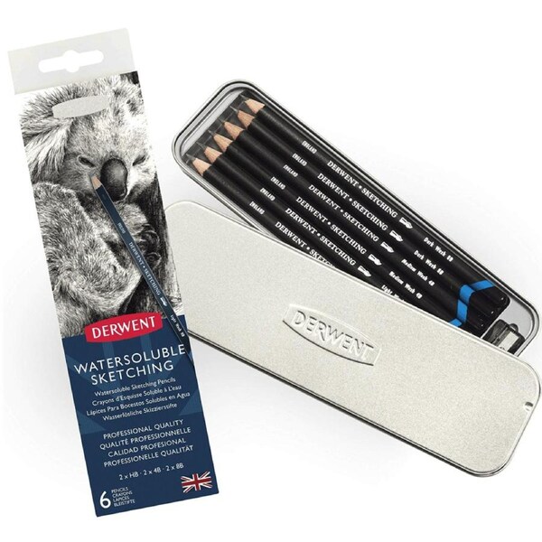 Derwent Watercolour Sketching Pencils Tin 6 + Sharpener Watersoluble