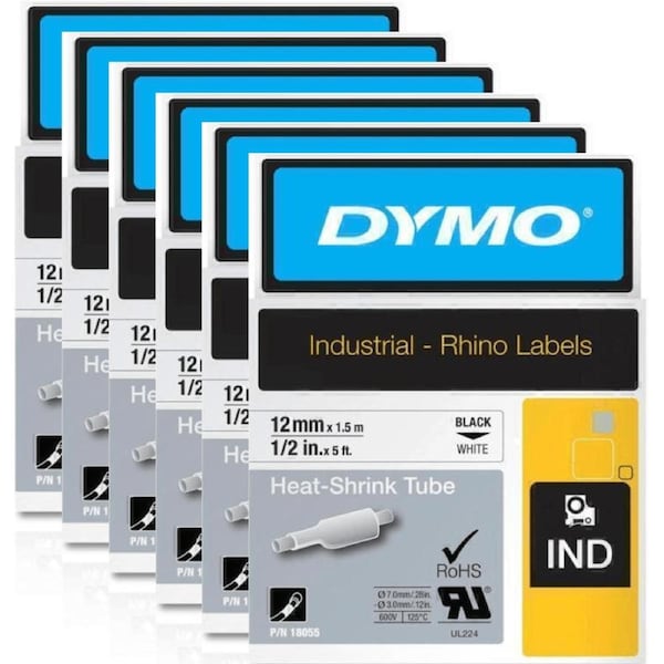 Dymo 18055 Rhino Industrial Heat Shrink Tube 12mm Black On White 6 Pack