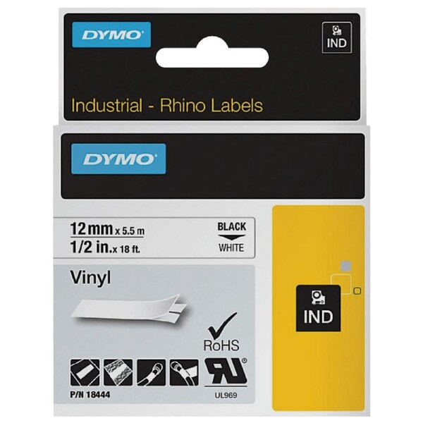 Dymo 18444 Rhino Industrial Tape Vinyl 12mm Black On White