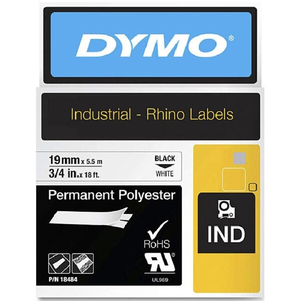 Dymo 18484 Rhino Industrial Tape Permanent Polyester 19mm Black On White