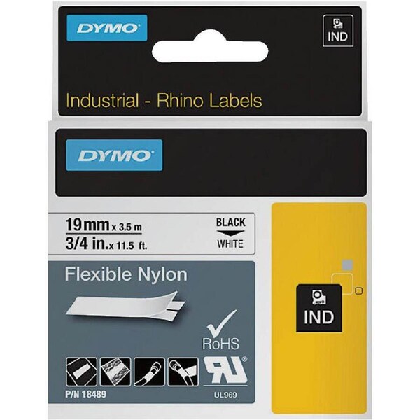 Dymo 18489 Rhino Industrial Tape Flexible Nylon 19mm Black On White