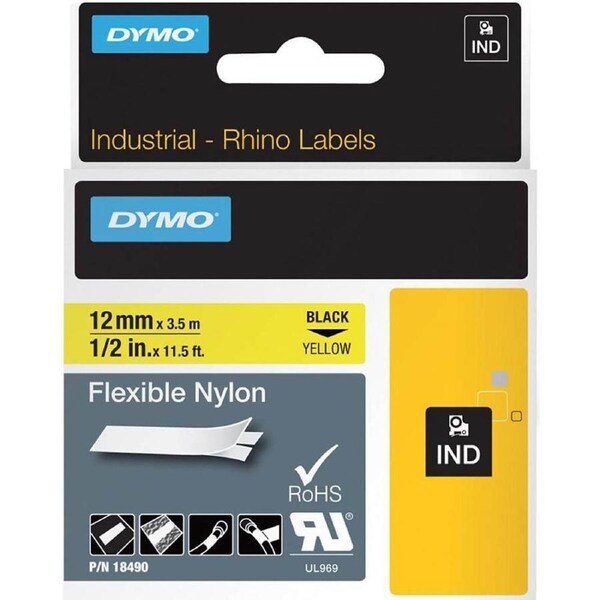 Dymo 18490 Rhino Industrial Tape Flexible Nylon 12mm Black On Yellow
