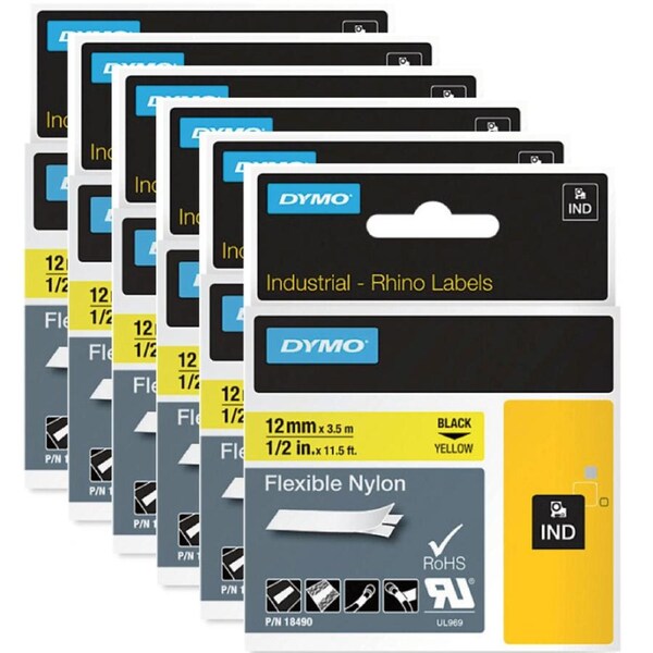 Dymo 18490 Rhino Industrial Tape Flexible Nylon 12mm Black On Yellow 6 Pack