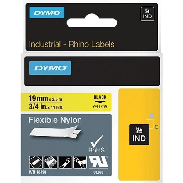 Dymo 18491 Rhino Industrial Tape Flexible Nylon 19mm Black On Yellow