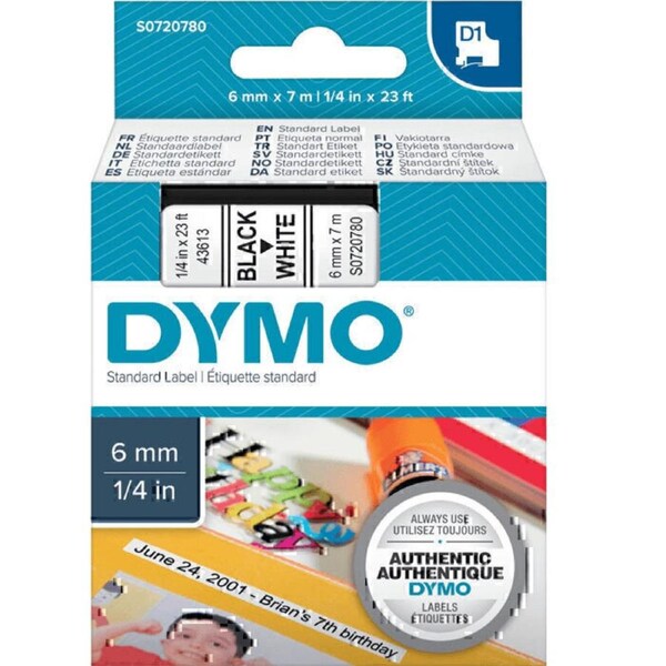 Dymo 43613 D1 Labelling Tape 6mmx7m Black On White