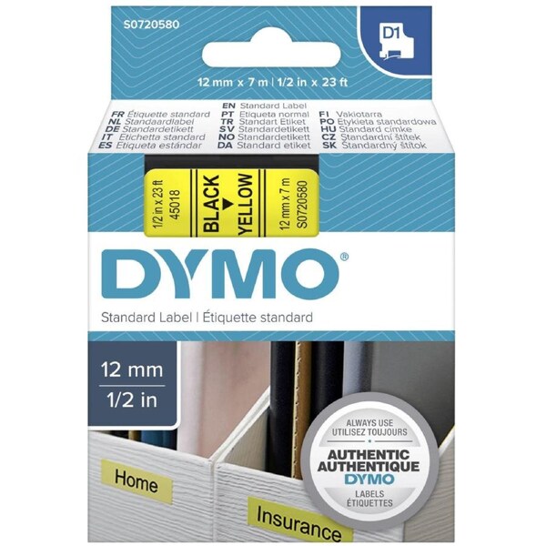 Dymo 45018 D1 Labelling Tape 12mmx7m Black On Yellow