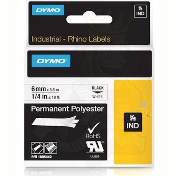 Dymo Rhino Industrial Tape Permanent Polyester 6mm Black On White