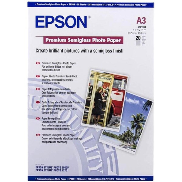 Epson S041334 Premium Semigloss Photo Paper 250Gsm A3 White Pack 20