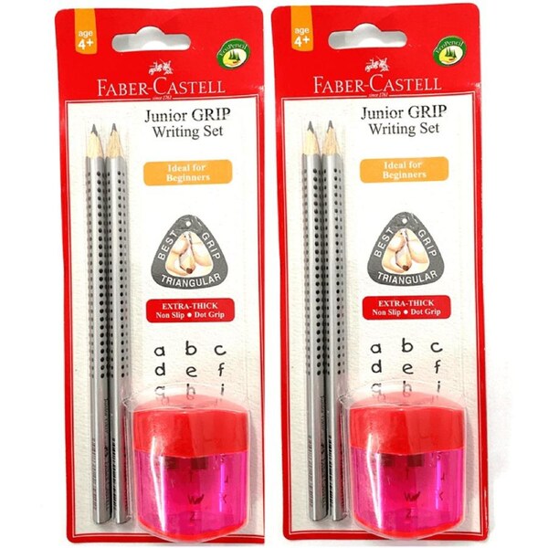 Faber-Castell 2 Pack Triangular Grip Pencils Writing Set + Wave Sharpener
