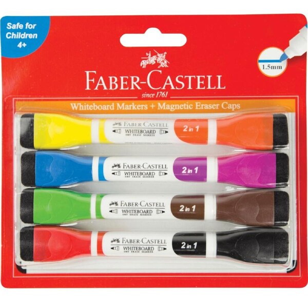 Faber-Castell Dual Tip 2in1 Whiteboard Markers Magnetic Eraser Caps Pack 4