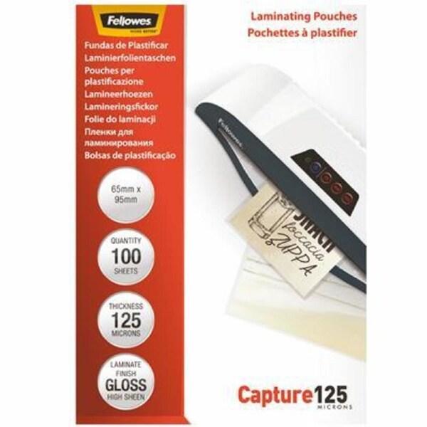 Fellowes Capture Laminating Pouch 125 Micron Gloss 65×95mm Clear Pack 100