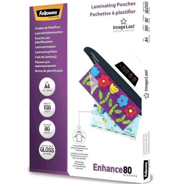 Fellowes Enhance Laminating Pouch Gloss 80 Micron A4 Clear Pack 100