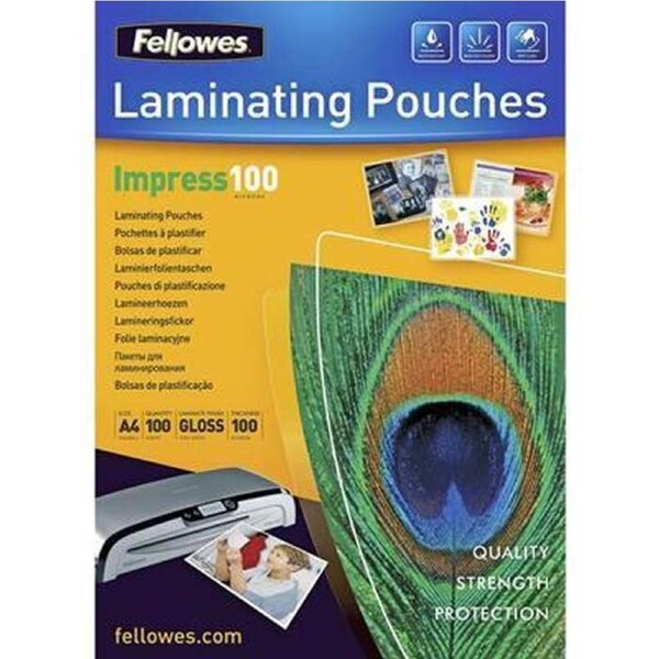 Fellowes Impress Laminating Pouch Gloss 100 Micron A4 Clear Pack 100