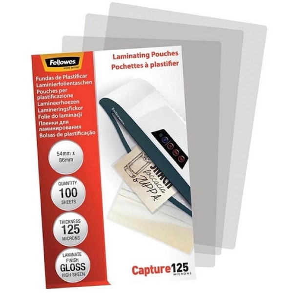 Fellowes Laminating Pouch Gloss 125 Micron 54×86mm Clear Pack 100