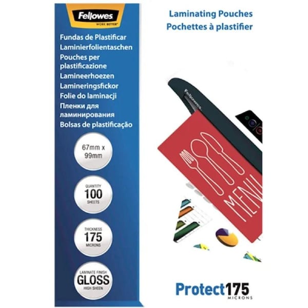 Fellowes Laminating Pouch Gloss 175 Micron 67x99mm ID Size Clear Pack 100