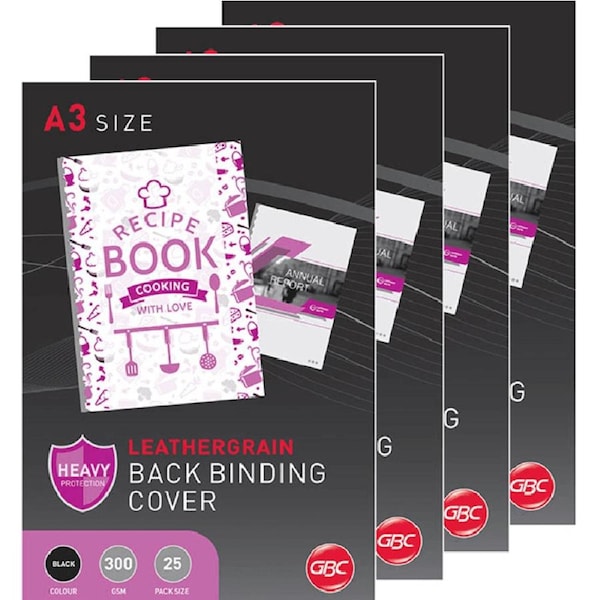 GBC Ibico Binding Cover Leathergrain 300GSM A3 Black 4 Pack 25 Sheets