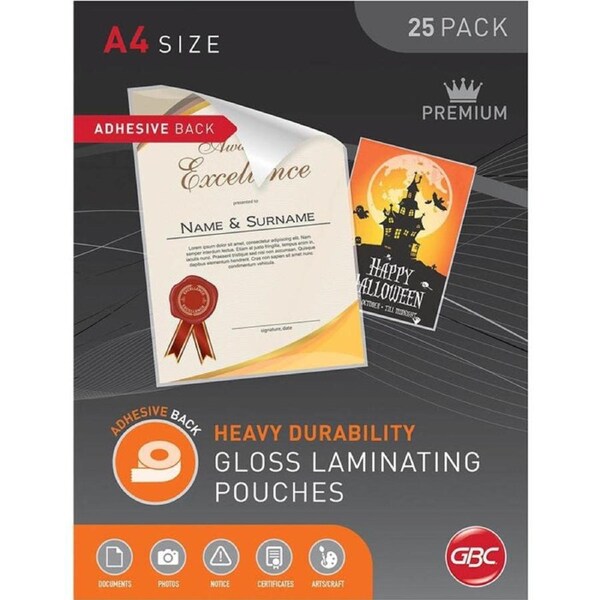 GBC Adhesive Backing Laminating Pouch 125 Micron A4 Clear Box 25