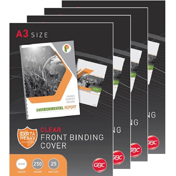 GBC Binding Cover 250 Micron Heavy Duty A3 Clear 4 Pack 25 Sheets