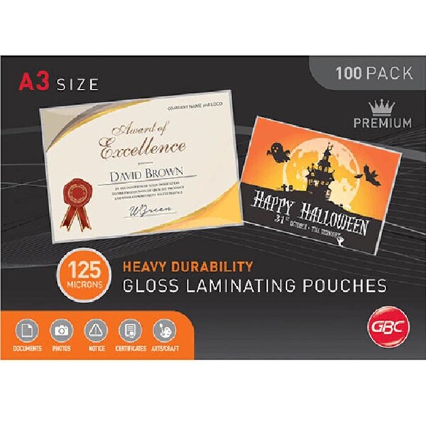 GBC Laminating Pouch Gloss Heavy Duty 125 Micron A3 Clear Pack 100