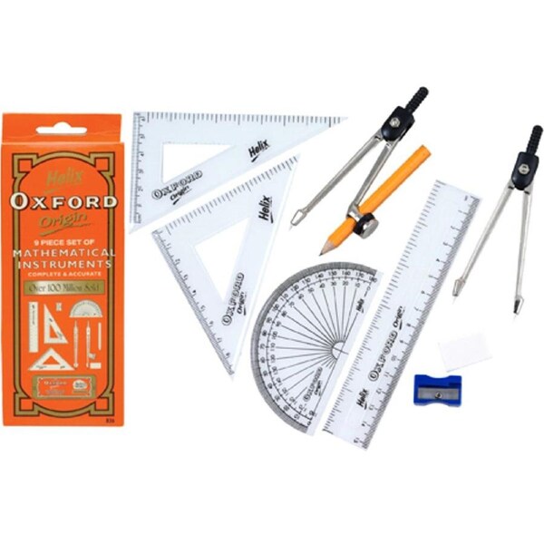 Helix Oxford 9 Piece Maths Set Set Square Compass Ruler Protractor