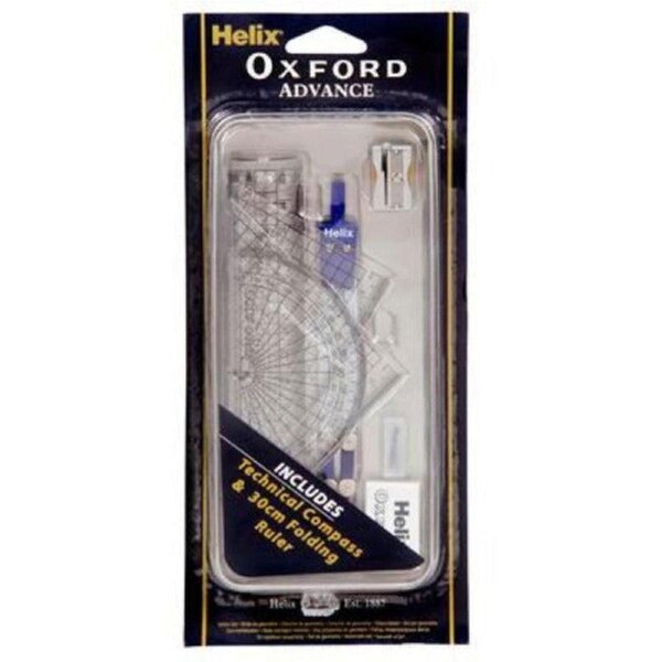Helix Oxford Advanced Maths Set Clear 8 Piece Technical Compass Ruler Squares Protractor Tin Set