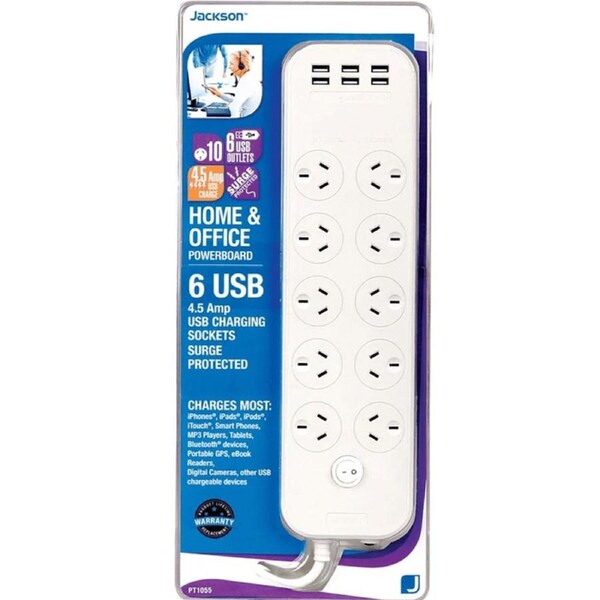 Jackson Surge Protected 10 Outlet 6 USB Power Board Master Switch