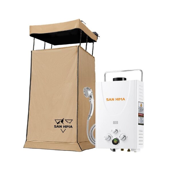 SAN HIMA Camping Shower Tent Awning Fold-Out Instant Ensuite + 8L Gas Hot Water Heater