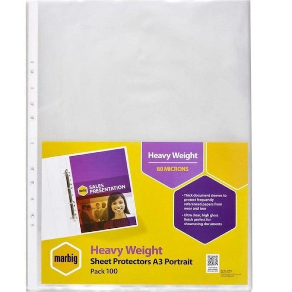 Marbig Deluxe Copysafe Sheet Protectors Plastic Sleeves A3 Box 100 Portrait