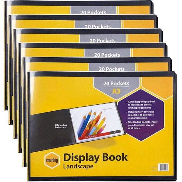 Marbig Display Presentation Book Landscape 20 Pocket Sleeves A3 Black Pack 6