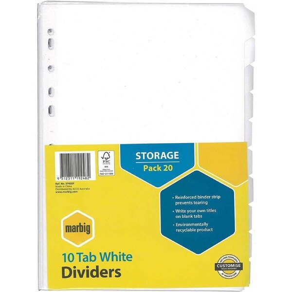 Marbig Divider Manilla 10-Tab A4 White Pack 20