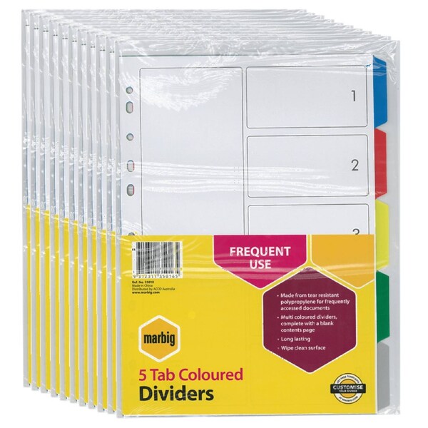 Marbig Divider PP Polypropylene 5-Tab A4 Assorted Anti Rip Tear Pack 10
