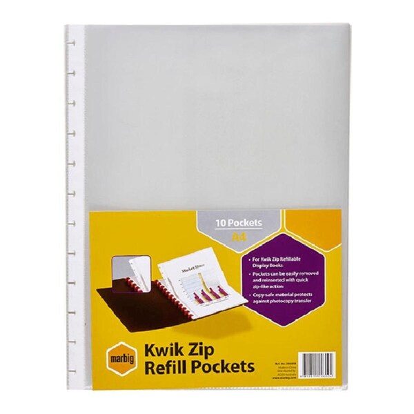 Marbig Kwik Zip Display Book Refills Sleeves A4 Clear Pack 10