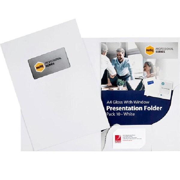 Marbig Presentation Folder With Window A4 Gloss White Pack 10