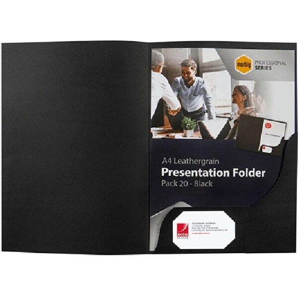 Marbig Presentation Folders Leathergrain Black Pack 20