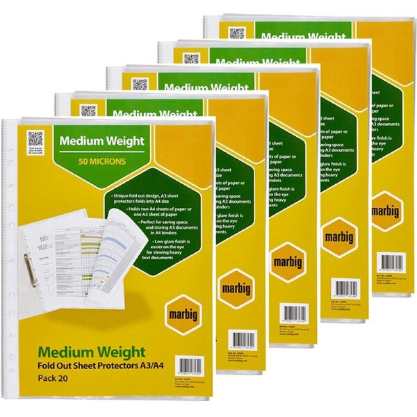 Marbig Sheet Protectors Plastic Sleeves Fold Out A3 To A4 Pack 20 Box 5