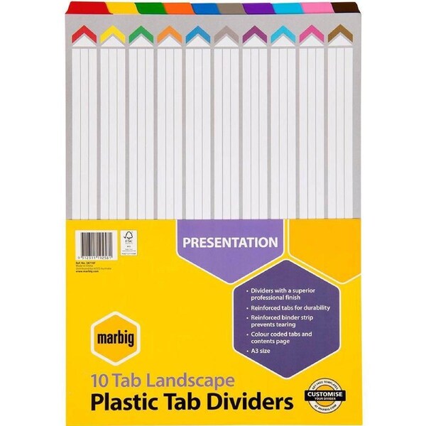 Marbig Tab Dividers Landscape A3 Manilla Board 10-Tab Assorted Colours