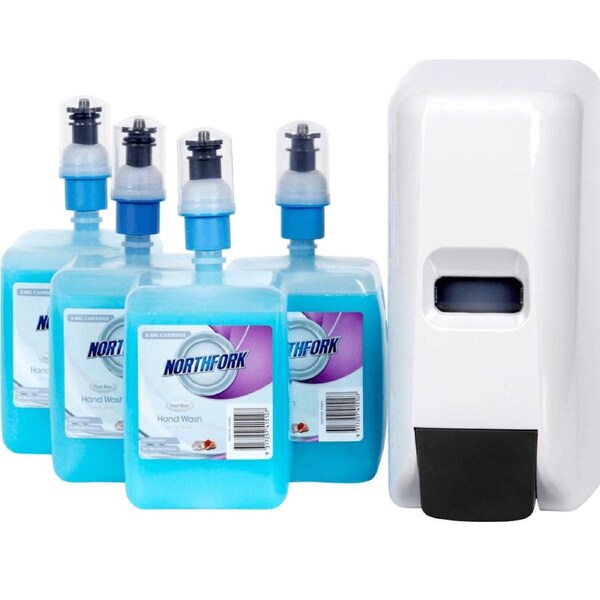 Northfork Liquid Hand Wash Dispenser + Refills Starter Pack Pearl Blue Wall Mount