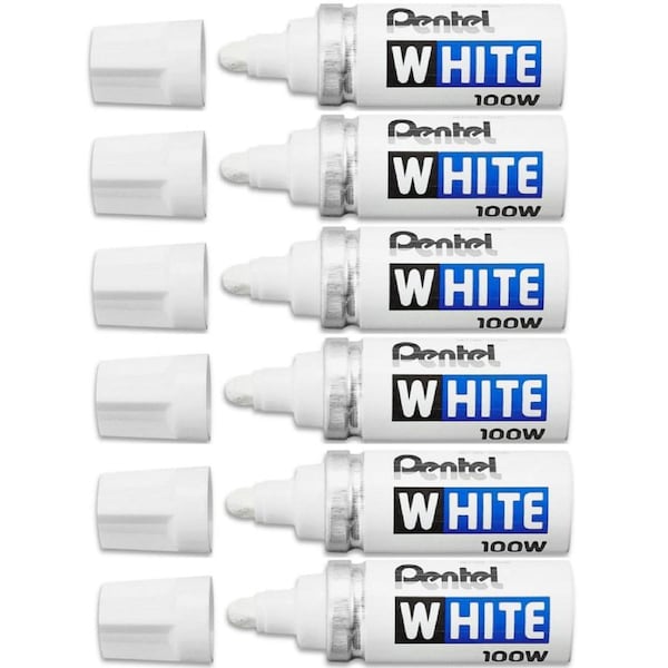 Pentel 100W B Permanent Marker Broad Thick Bullet Tip White Pack 6