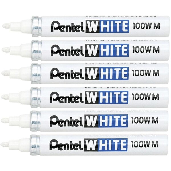 Pentel 100W M Permanent Marker Medium Bullet White Pack 6