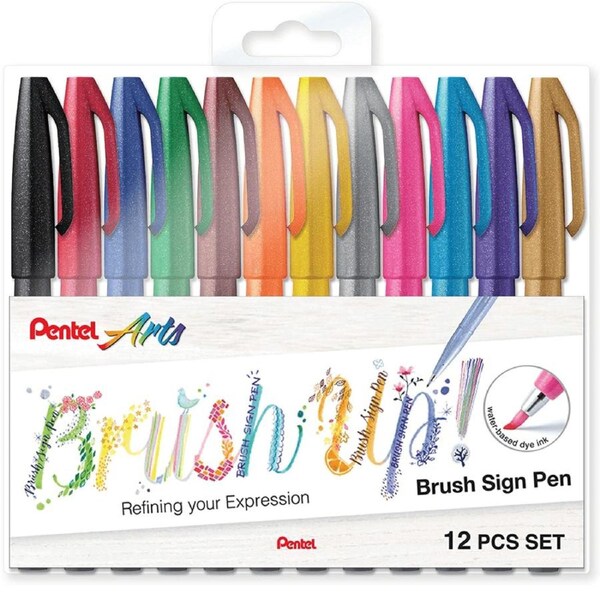Pentel Arts Marker Brush Sign Pen Standard Colours Pack 12 Wallet Set