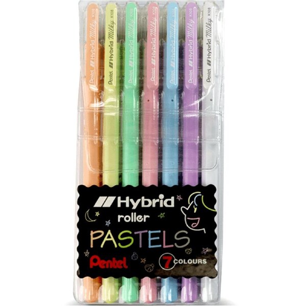 Pentel Hybrid Gel Grip Pens Roller Milky Pastel 0.8mm Wallet 7 Pack