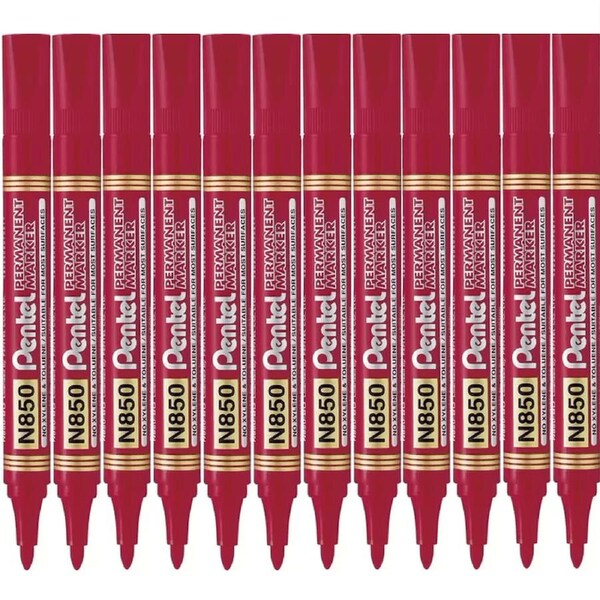 Pentel N850 Permanent Marker Bullet Tip 1.5mm Point Red Box 12