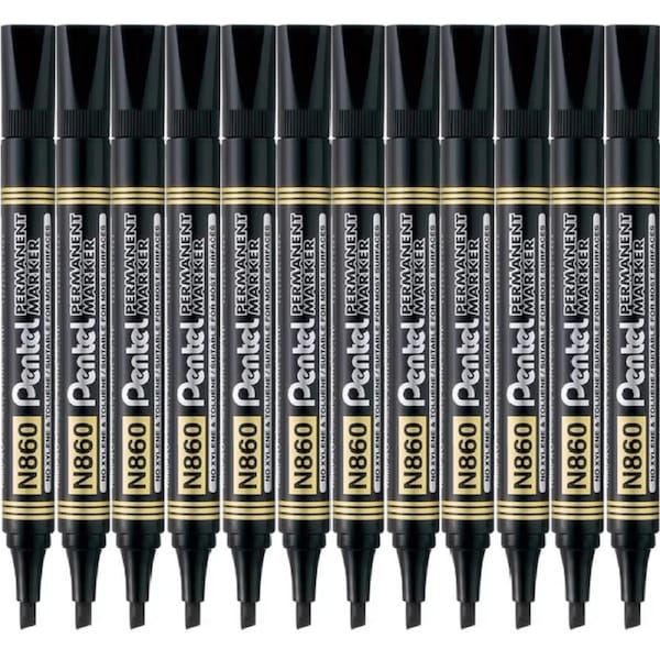 Pentel N860 Permanent Marker Chisel Tip Point Black Box 12