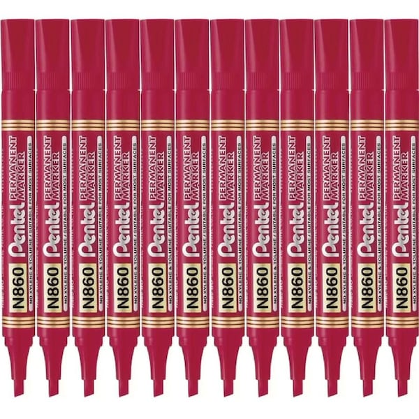Pentel N860 Permanent Marker Chisel Point Red Box 12