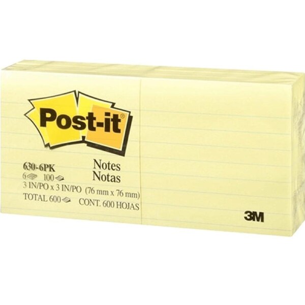 Post-It 630-6PK Lined Ruled Sticky Notes 73x73mm Yellow Pack 6