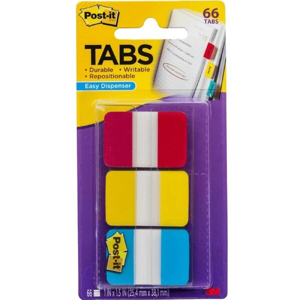 Post-It 686-Ryb Durable Tabs 3 Colours Red Blue Yellow Pack 66