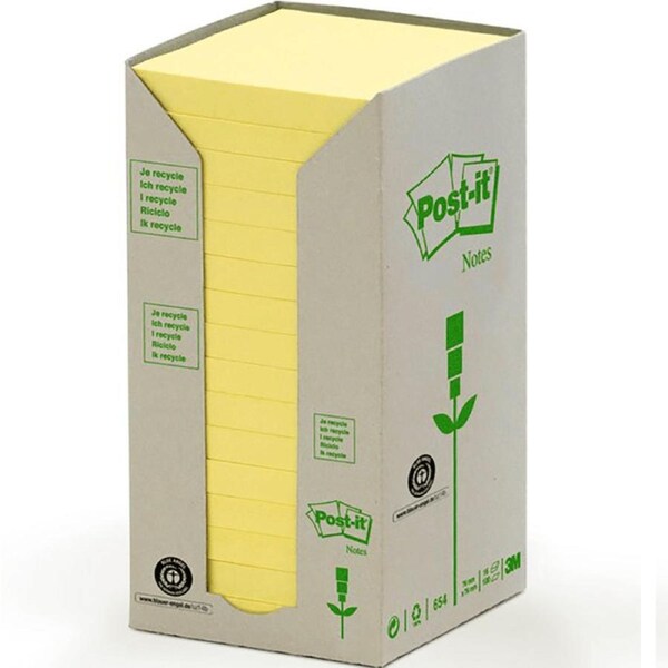 Post-It Notes Yellow 76x76mm Square 16-Pack Pads 100% Recycled